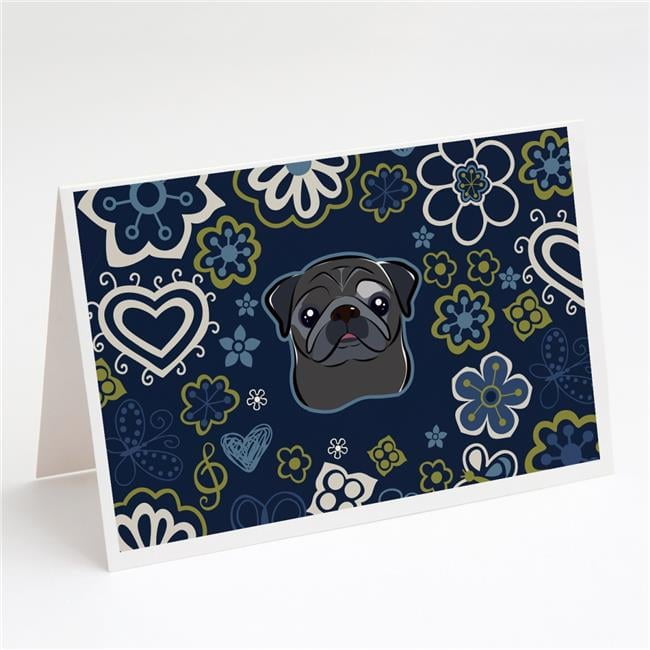Blue Flowers Black Pug Greeting Cards & Envelopes - Pack of 8