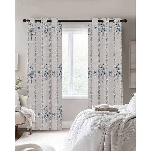 Blue Flowers Blackout Curtains 2 Panels Bow Watercolor Floral Spring ...
