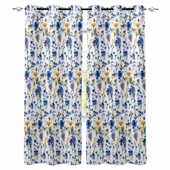 Blue Flowers Blackout Curtains for Bedroom, Spring Watercolor Oil Painting Floral Plant Thermal Insulated Kitchen Drapes with Grommets, Light Blocking Window Treatment, 2 Panels 52" x 63"