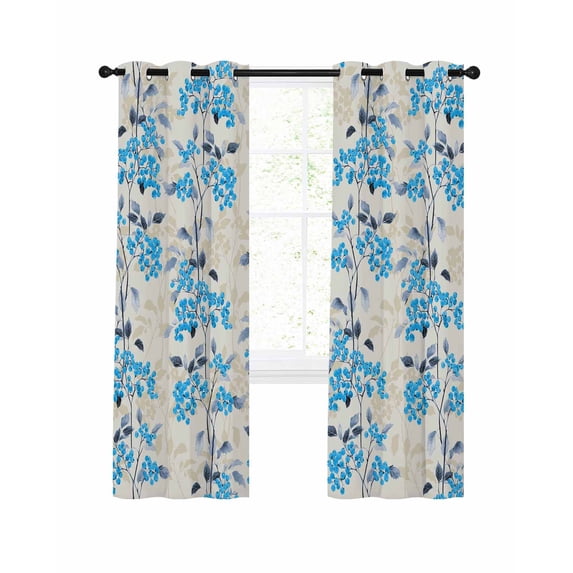 Blue Flowers Blackout Curtains, Light Blocking Print Window Curtains, Farmhouse Pastoral Spring Botanical Plants Thermal Insulated Window Drapes for Living Room Kitchen Cafe 2 Panels, 84"W x 84"L