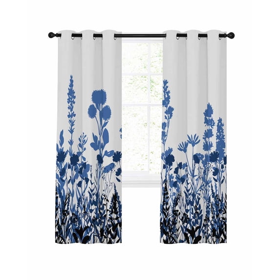 Blue Flowers Blackout Curtains, Light Blocking Print Window Curtains, Simple Spring Ombre Botanical Floral Thermal Insulated Window Drapes for Living Room Kitchen Cafe 2 Panels, 55"W x 39"L