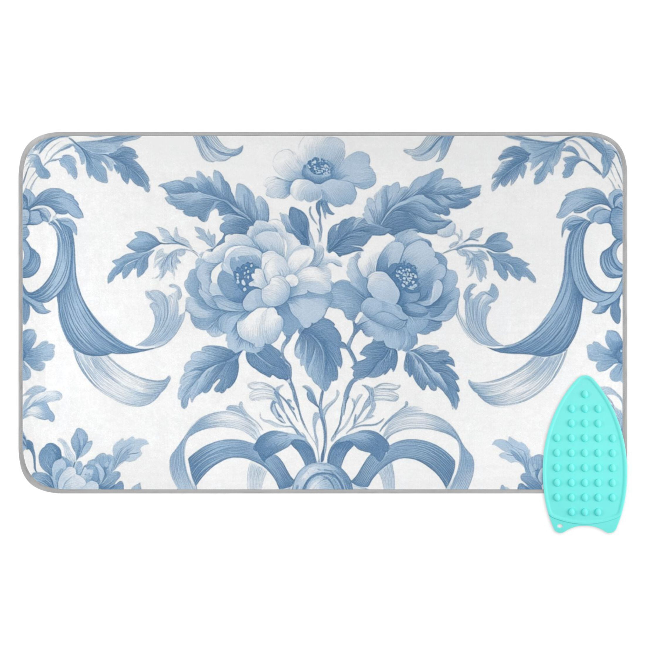 Blue Flowers Bowknots Pastel Elegant Ironing Mat Blanket Portable Travel Ironing Pad Heat Resistant Pad 47.2" x 27.6”