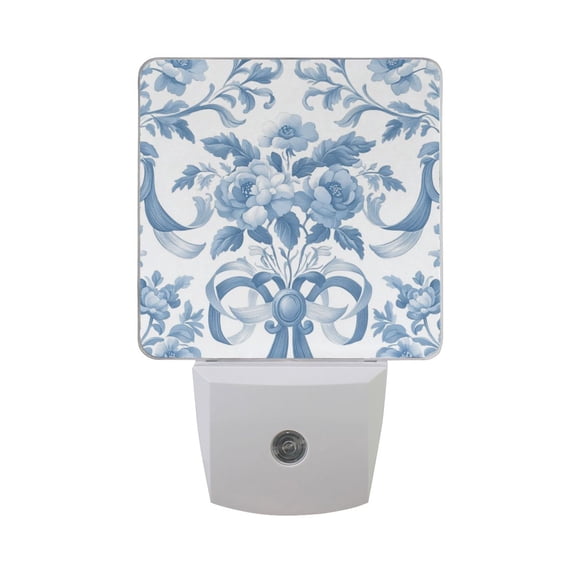 Blue Flowers Bowknots Pastel Elegant LED Night Light with Smart Sensor Plug Into Wall Dusk to Dawn 2 packs