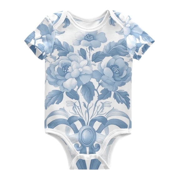 Blue Flowers Bowknots Pastel Elegant Pure Cotton Bodysuit Short Sleeve Pajamas One-Piece Romper Unisex 18M