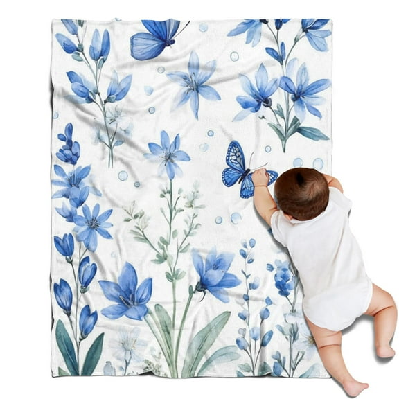 Blue Flowers and Butterflies Blanket,Comfortable Soft Flannel Throw Blanket,All Season,Warm Lightweight Blankets for Sofa Bed Couch Living Room Chair,30"x40"(80x100cm)