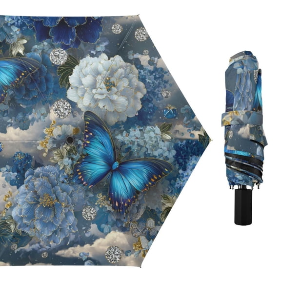Blue Flowers Butterflies Clouds Crystals All Weather Umbrella Triple Folding Parasol 6 Ribs UV Protection Portable