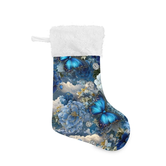 Blue Flowers Butterflies Clouds Crystals Christmas Stockings Large Capacity 18 inch Gift Bag with Hook Xmas Holiday Decor 1 Pack