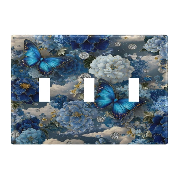 Blue Flowers Butterflies Clouds Crystals Light Switch Cover Electrical Outlet Cover Replaceable Wall Plates 3-Gang