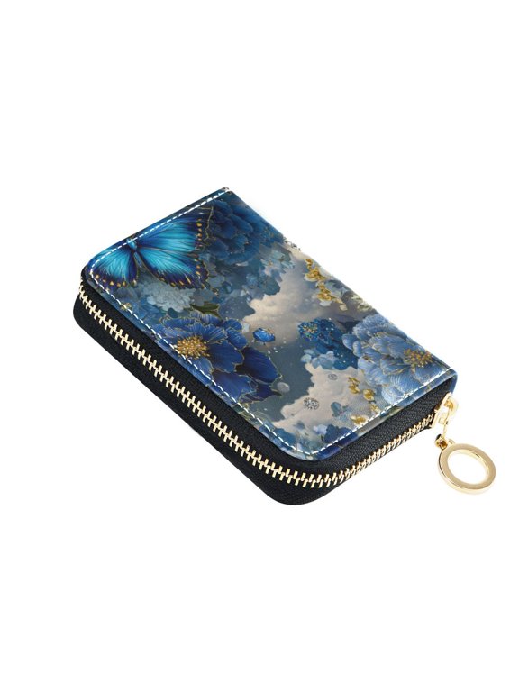 Blue Flowers Butterflies Clouds Crystals Women's Credit Card Holder PU Leather Zipper Wallet RFID Blocking