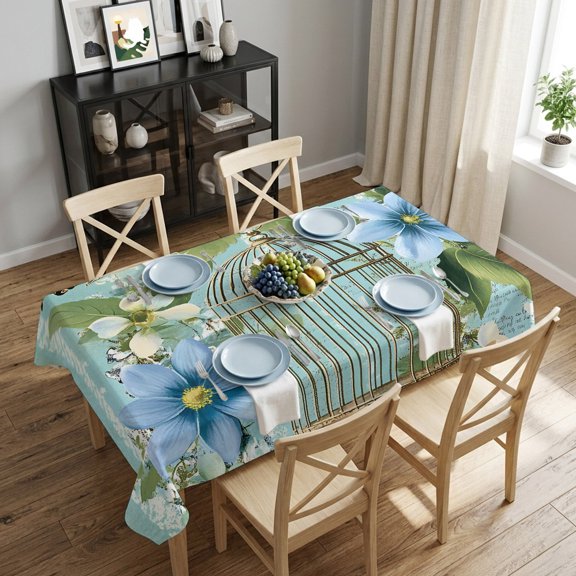 Blue Flowers Cage Rectangle Tablecloth 52x70 Inch Spring Botanical Floral Turquoise Waterproof Polyester Table Cover, Washable Stain Resistant Tablecloth for Dining Table Kitchen Wedding