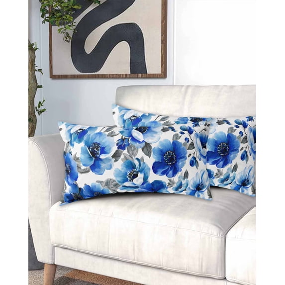 Blue Flowers California King Pillow Case - Microfiber Bed Throw Pillow Covers, Spring Watercolor Leaves Floral Plants Decorative Lumbar Pillow Cover with Envelope Closure for Sofa/Travel 20"x40"