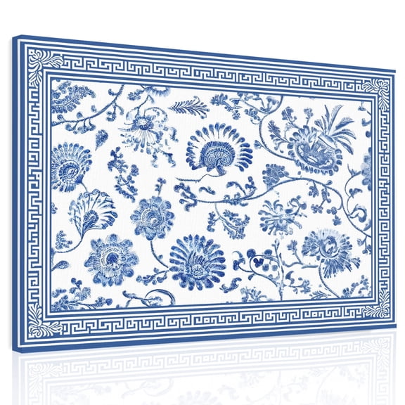 Blue Flowers Canvas Print Wall Art, Floral Geometric Classic Traditional Border Wall Decor Modern Artwork Paintings Pictures for Living Room Framed and Stretched Ready to Hang 24" x 32"