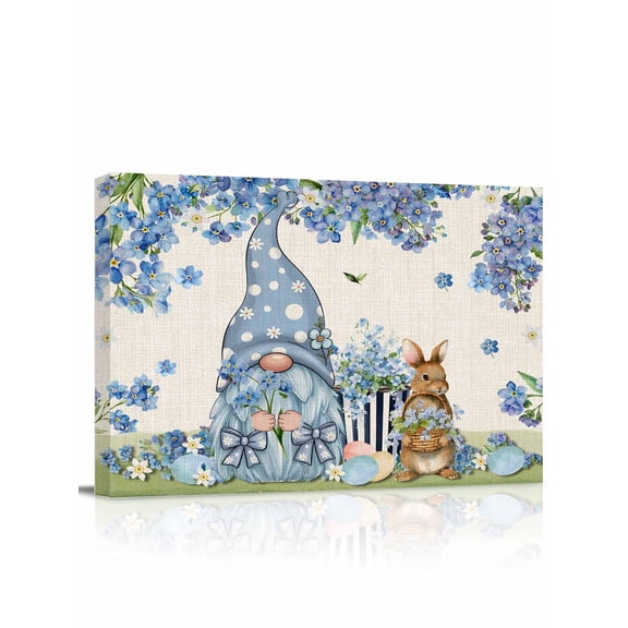 Blue Flowers Canvas Print Wall Art Gnome Easter Rabbits Vintage Linen Spring Pictures Painting Morden Artwork for Living Room Bedroom, Ready to Hang - 12"x16"