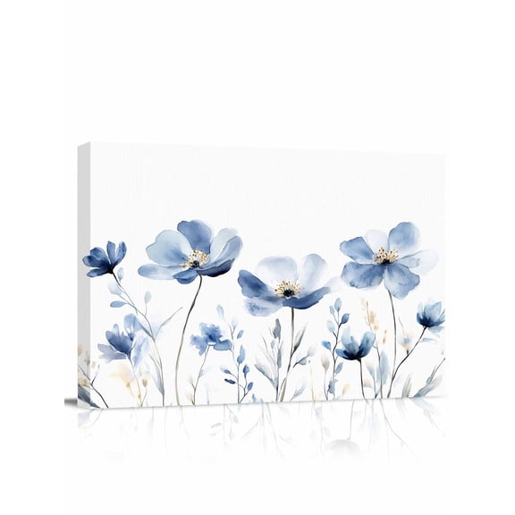 Blue Flowers Canvas Print Wall Art Watercolor Plants Simple Pictures Painting Morden Artwork for Living Room Bedroom, Ready to Hang - 12"x16"
