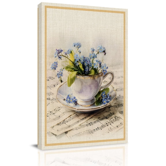 Blue Flowers Canvas Wall Art for Living Room, Vintage Tea Cups Spring Plant Phrases Wall Decor Framed Artwork Pictures Ready to Hang for Bedroom Office Home Decor