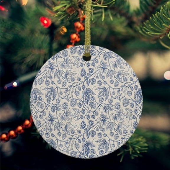 Blue Flowers Ceramic Ornaments, Retro Rustic Botanical Floral Leaves Vines Round Porcelain Hanging Ornaments with Gold String, Xmas Decorations Keepsake Gifts for Holiday Home Party 3''