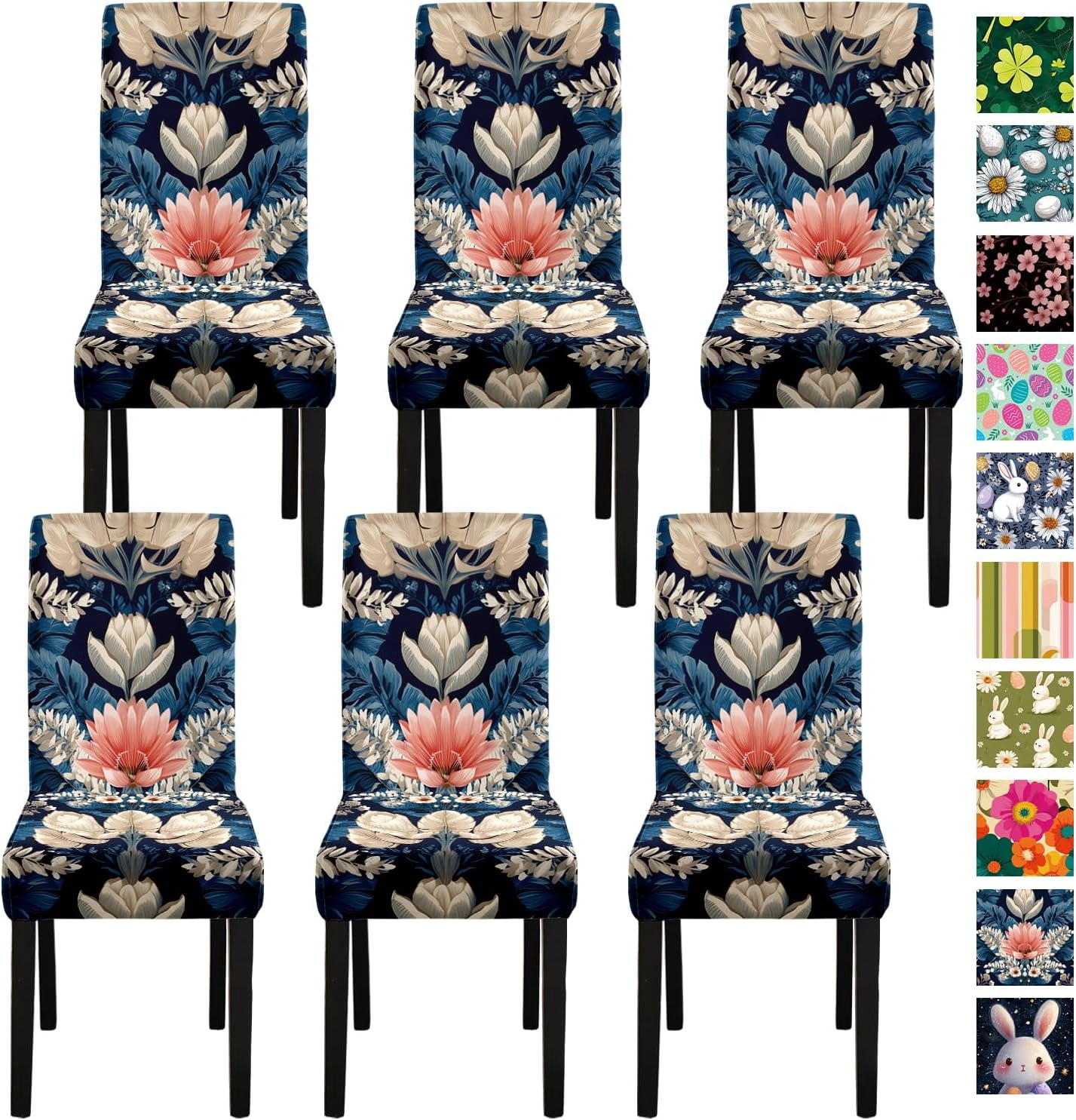 Blue Flowers Chair Covers Set of 6, Elegant Dining Spring Chair Cover ...