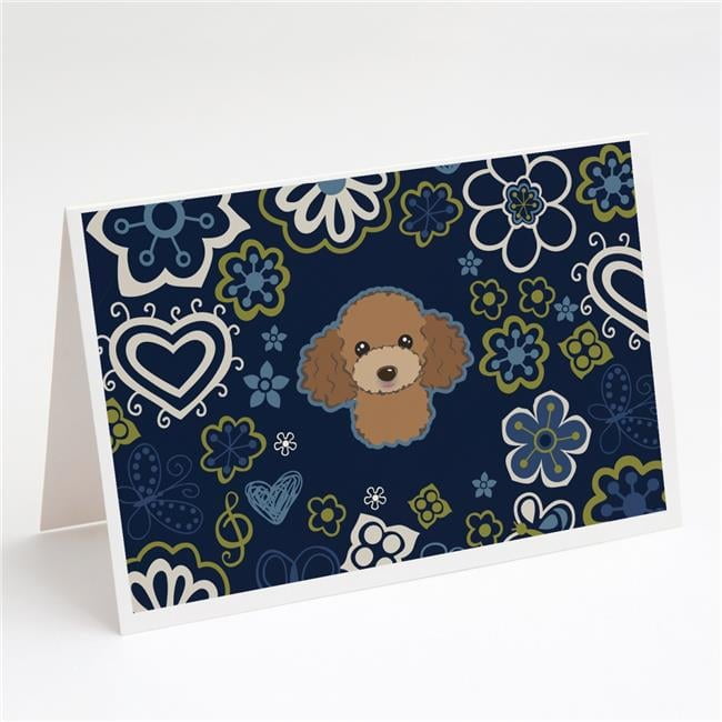 Blue Flowers Chocolate Brown Poodle Greeting Cards & Envelopes - Pack of 8