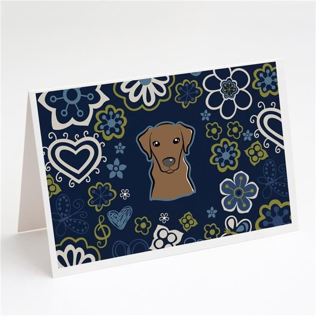 Blue Flowers Chocolate Labrador Greeting Cards & Envelopes - Pack of 8
