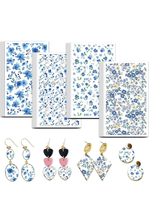 Blue Flowers Clay Transfer Paper 4 Design 24 Pcs Transfer Paper for DIY Polymer Floral Polymer Clay Transfer Sheets Small Flower Transfer Paper for DIY Clay Earrings Jewelry Making