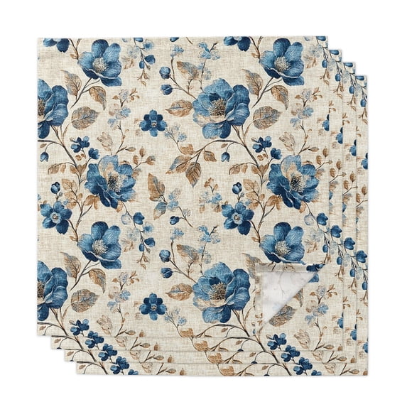Blue Flowers Cloth Napkins, Spring Floral Brown Leaves Botanical Retro Beige Washable and Reusable Dinner Napkins Set of 4, Table Napkin for Kitchen Party Birthday Wedding Hotel Housewarming 20"x20"