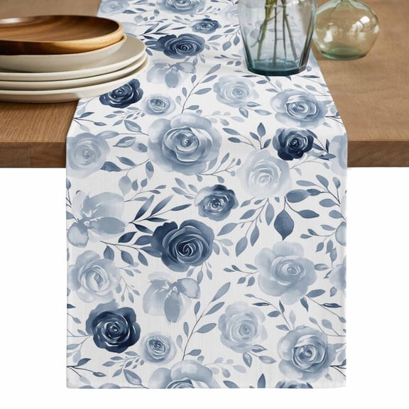 Blue Flowers Cotton Linen Table Runner for Dining Kitchen, Watercolor Rustic Retro Floral Leaf Vines Wedding Outdoor Party Tablerunners, Dresser Scarf Coffee Tablecloth Runners 13x108 Inches