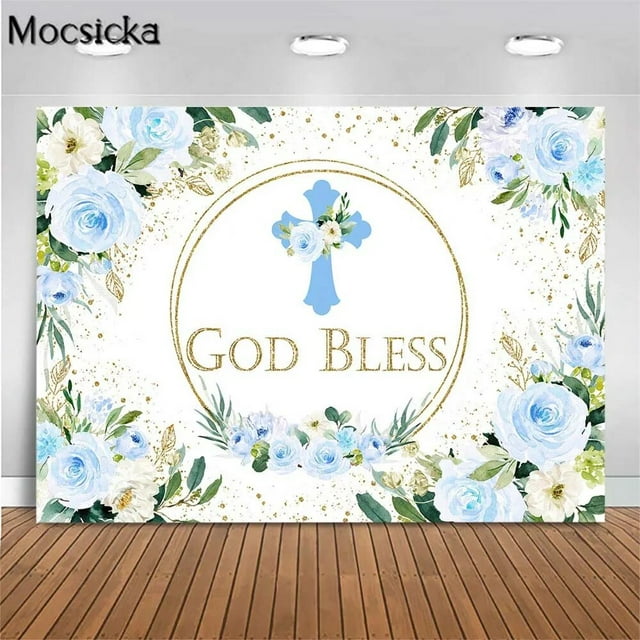 Blue Flowers Cross God Bless Baby Baptism Backdrop Boy First Communion ...