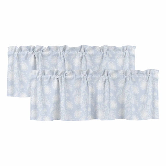 Blue Flowers Curtain Valances for Windows, Kitchen Valance Window Treatments Panel 2 Pack, Cute Floral Botanical Farmhouse Rod Pocket Short Curtains for Bathroom Bedroom 42 x 12 Inch