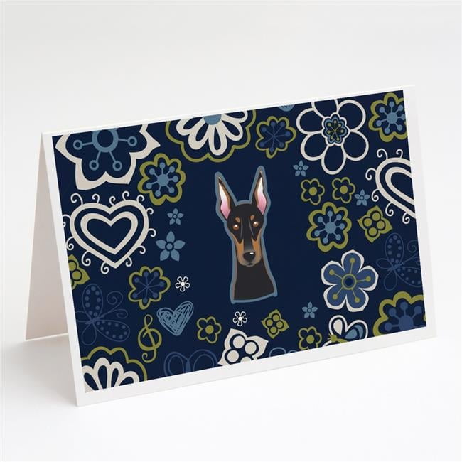 Blue Flowers Doberman Pinscher Greeting Cards & Envelopes - Pack of 8