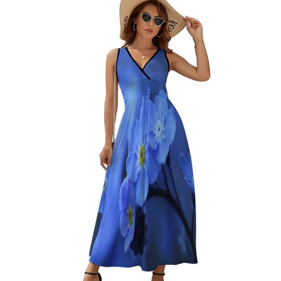 Blue Flowers Dress Summer Street Style Bohemia Long Dresses Female Sleeveless Printed Maxi Dress