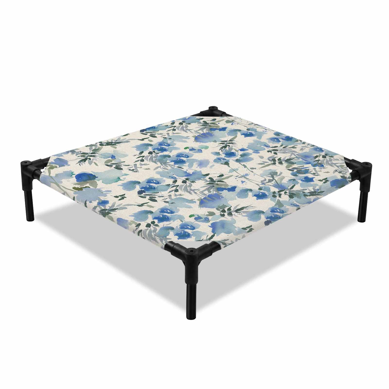 Blue Flowers Elevated Dog Bed, Spring Watercolor Blue Floral Leaf Linen ...