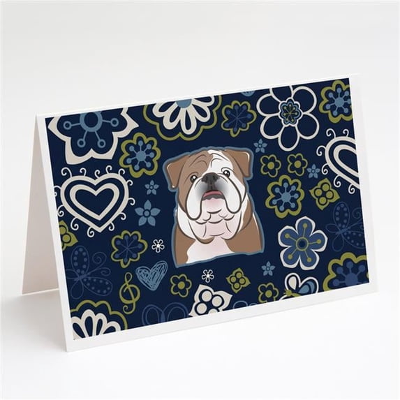 Blue Flowers English Bulldog Greeting Cards & Envelopes - Pack of 8