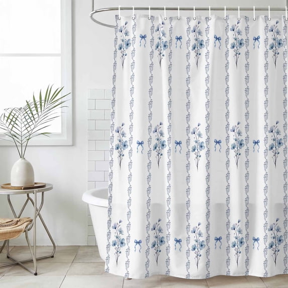Blue Flowers Extra Long Shower Curtain Set, Waterproof Shower Curtains for Bathroom, Spring Floral Bows Minimalist Botanical Washable Fabric Cloth Bath Curtain for Bathtub with Hooks 72x96 Inches