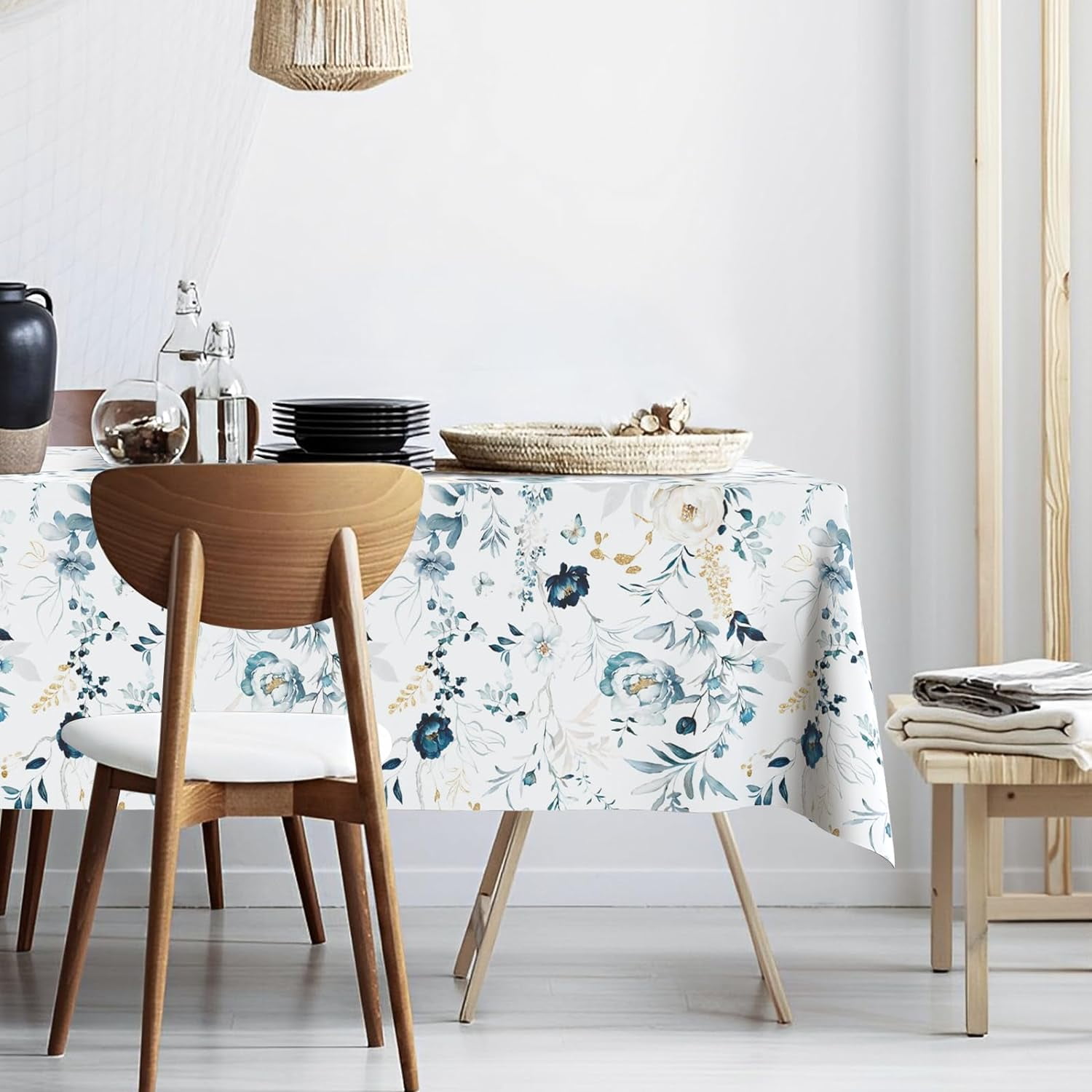 Waterproof Table Cover with blue leaves