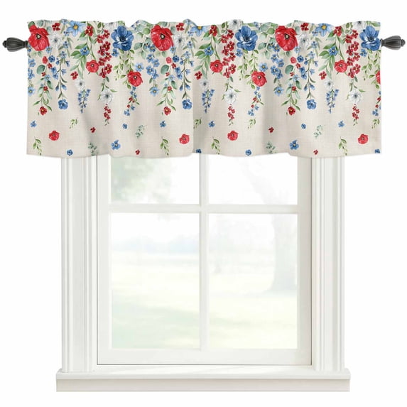Blue Flowers Farmhouse Short Window Curtain Valances, Red Botanical Leaves Pastoral Retro Beige Rod Pocket Kitchen Valances for Living Room Bedroom Bathroom Cafe 60" x 18"