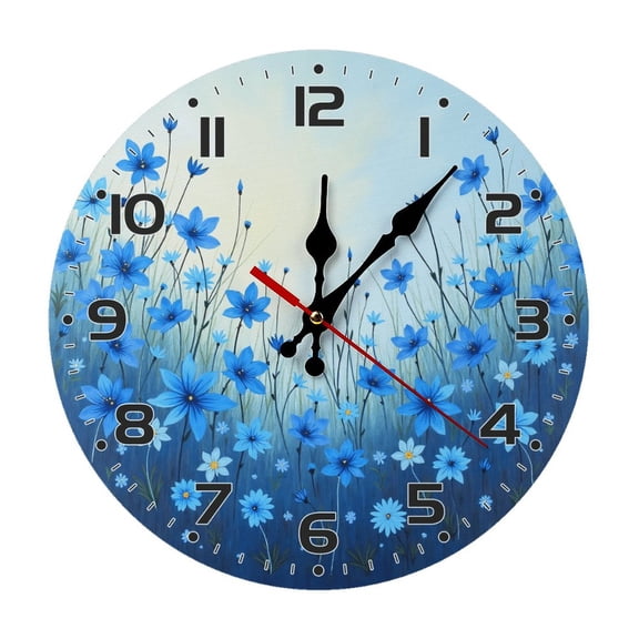 Blue Flowers Field Wall Clock 10 Inch Silent Non Ticking Round Clock Decoration for Living Room Kitchen Bedroom Bathroom Office Classroom