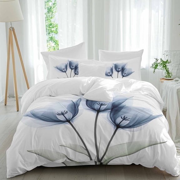 Blue Flowers Full Size Comforter Set, Spring Vintage Country Watercolor Blue Tulip Floral Bedding for All Seasons, 4 Pcs Bed Set, 1Quiltcover (86"x86") ,1Sheet(80"x116"), 2Pillowcases (30"x20")