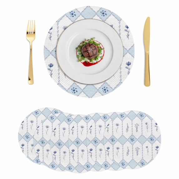 Blue Flowers Geometric Round 13 Inch Placemats Set of 6, Spring Floral Elegant Pastoral HeatResistant Non Slip Place Mats for Dining Table, Wipeable Braided Kitchen Table Mats for Housewarming