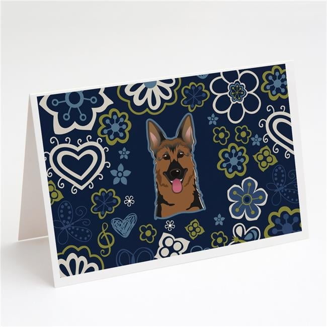 Blue Flowers German Shepherd Greeting Cards & Envelopes - Pack of 8