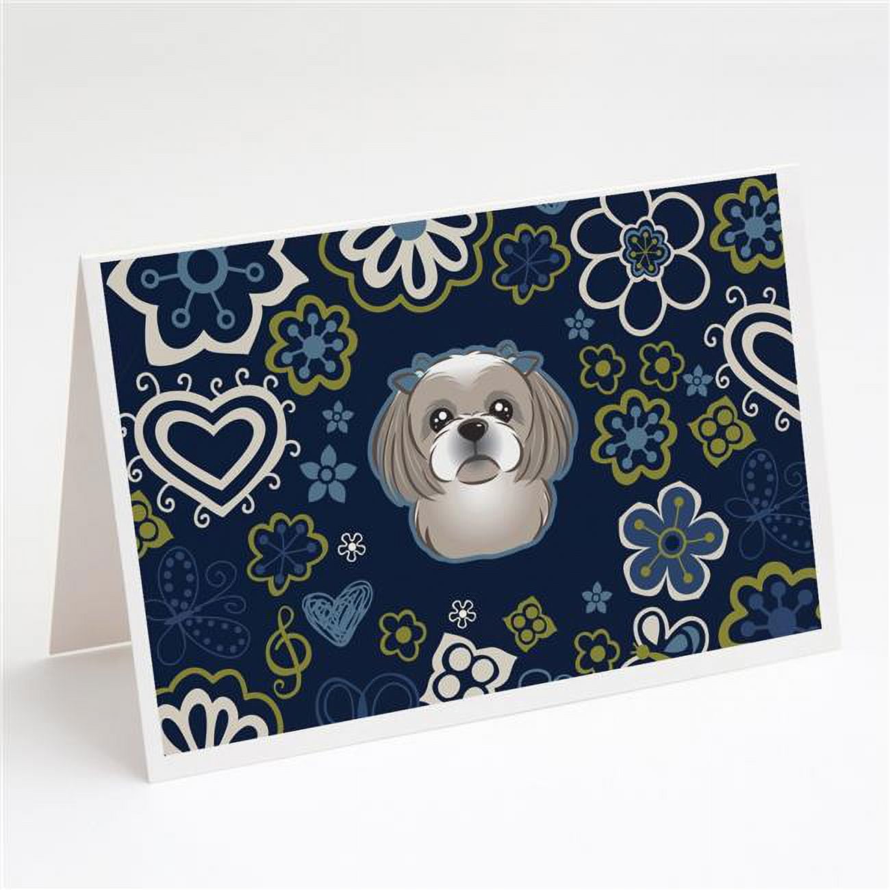 Blue Flowers Gray Silver Shih Tzu Greeting Cards & Envelopes - Pack of 8