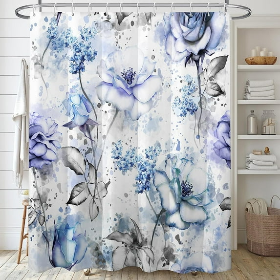Blue Flowers and Grey Leaves Shower Curtain Sets,Watercolor Rose Floral Bathroom Curtains,Modern Minimalist Bath Curtain, Waterproof Fabric with 12 Hooks 72x72 Inches