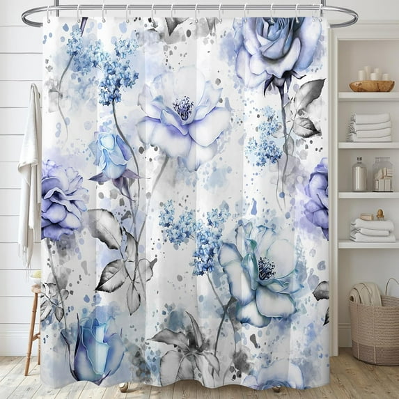 Blue Flowers and Grey Leaves Shower Curtain Sets,Watercolor Rose Floral Bathroom Curtains,Modern Minimalist Bath Curtain, Waterproof Fabric with 12 Hooks 72x72 Inches