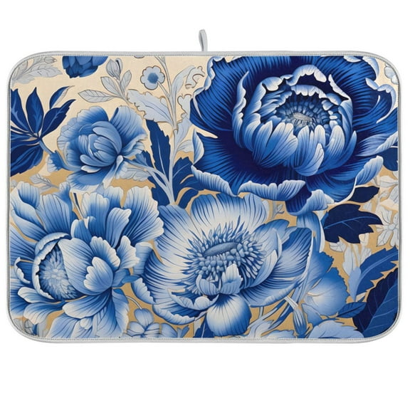 Blue Flowers Hibiscus Dish Drying Mat Microfiber Kitchen Pad Large Counter Absorbent Dish Mats Drainer Rack 16"x18"