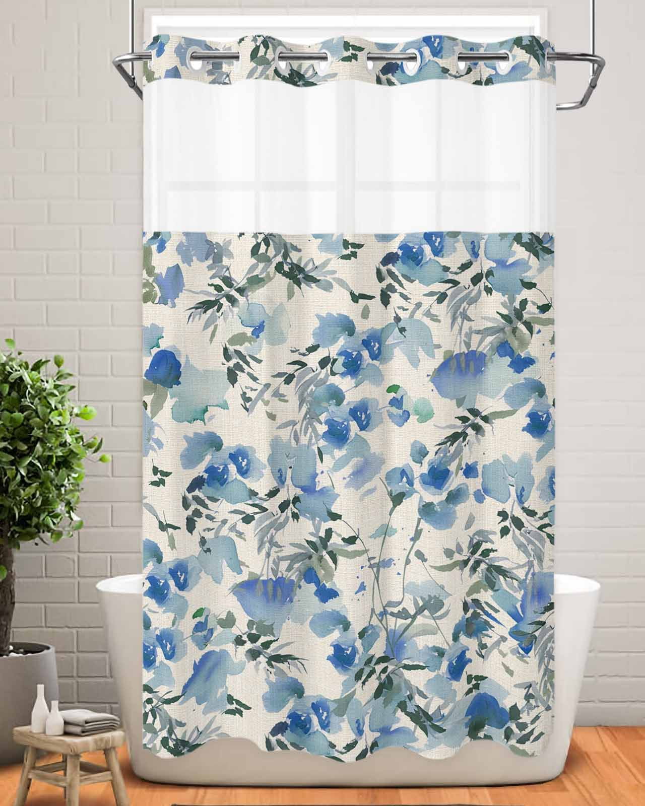 Blue Flowers No Hook Shower Curtain with Snap in Liner, Farmhouse ...