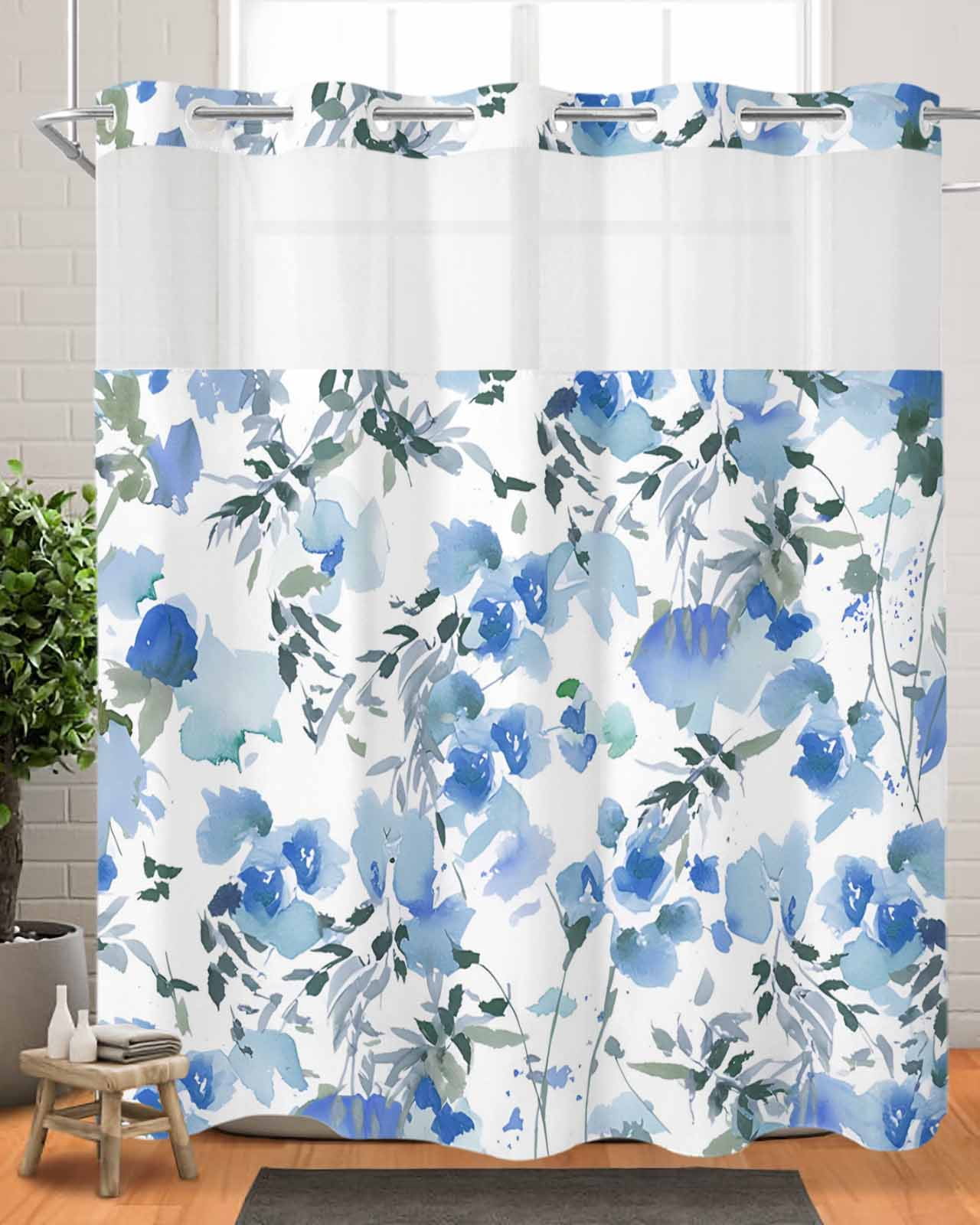Blue Flowers No Hook Shower Curtain with Snap in Liner, Farmhouse ...