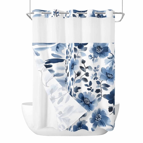 Blue Flowers No Hook Shower Curtain Waterproof, Bathroom Curtains with Snap in Liners and See Through Top Window, Spring Rustic Watercolor Floral Leaves Hotel Style Bathtub Curtains Shower 72"Wx96"L