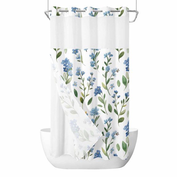 Blue Flowers No Hooks Shower Curtain with Snap-in Liner Green Leaf Spring Plant Country Floral Shower Curtains for Bathroom, Waterproof, Easy Install, Washable 36"x72"