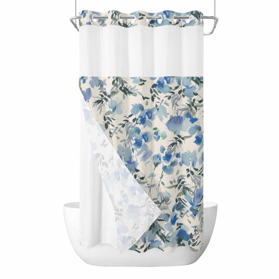 Blue Flowers No Hooks Shower Curtain with Snap-in Liner Spring Watercolor Blue Floral Leaf Linen Texture Shower Curtains for Bathroom, Waterproof, Easy Install, Washable 36"x72"