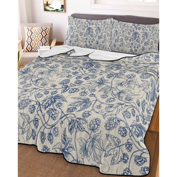 Blue Flowers King Size Down Alternative Comforter, Lightweight Comforter Quilt Bedding Set with Pillow Shams Retro Rustic Botanical Floral Leaves Vines All Seasons Bed Comforter Duvet Insert 96"x106"