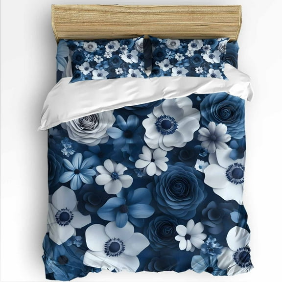 Blue Flowers King Size Comforter Set, Spring Pastoral White Floral Soft Bedding for All Seasons, 4 Pcs Bed Set with 1Comforter (90"x106") ,1 Sheet(94"x116"), 2 Pillowcases (19"x35")